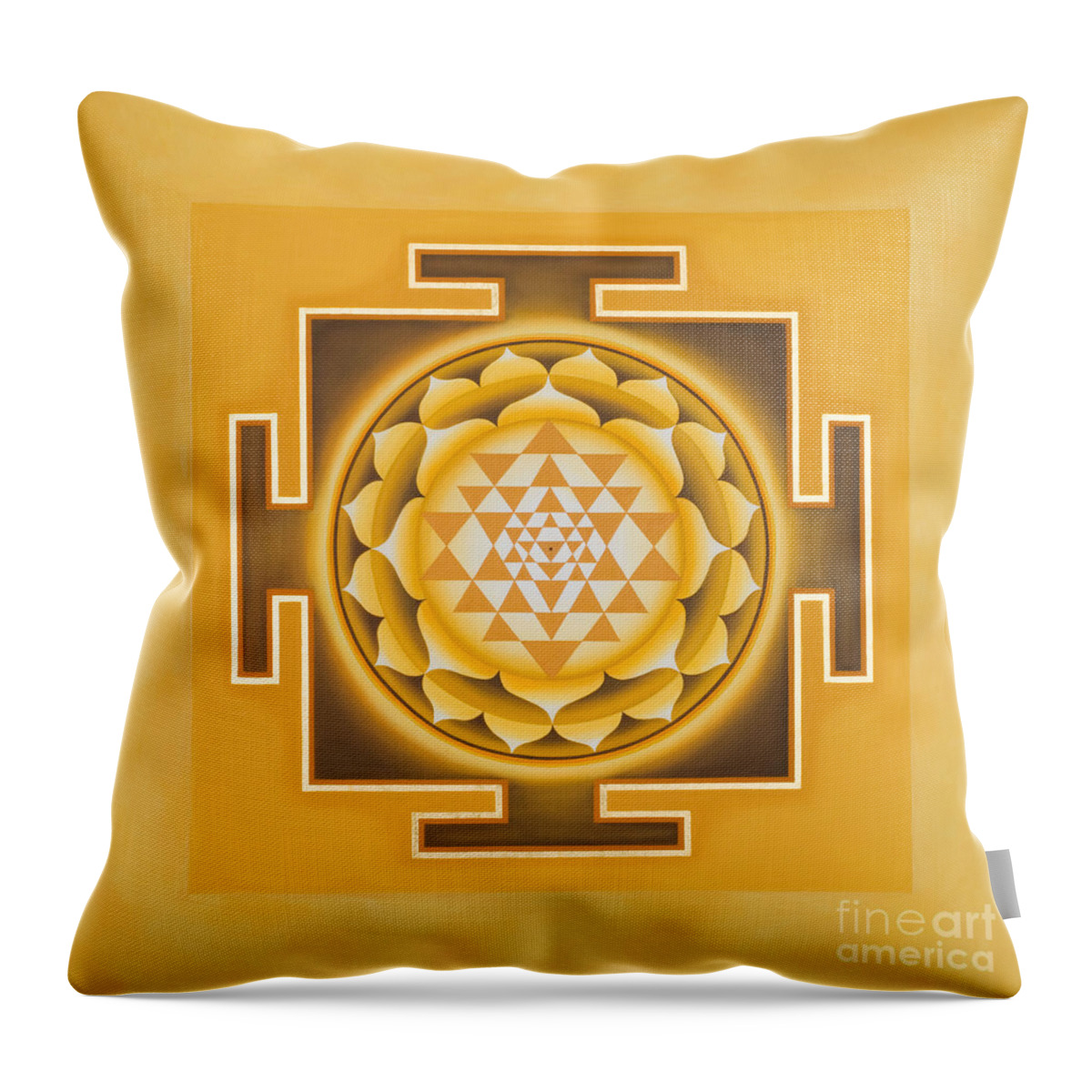 Shri Yantra Throw Pillow featuring the painting Golden Sri Yantra by Piitaa Art