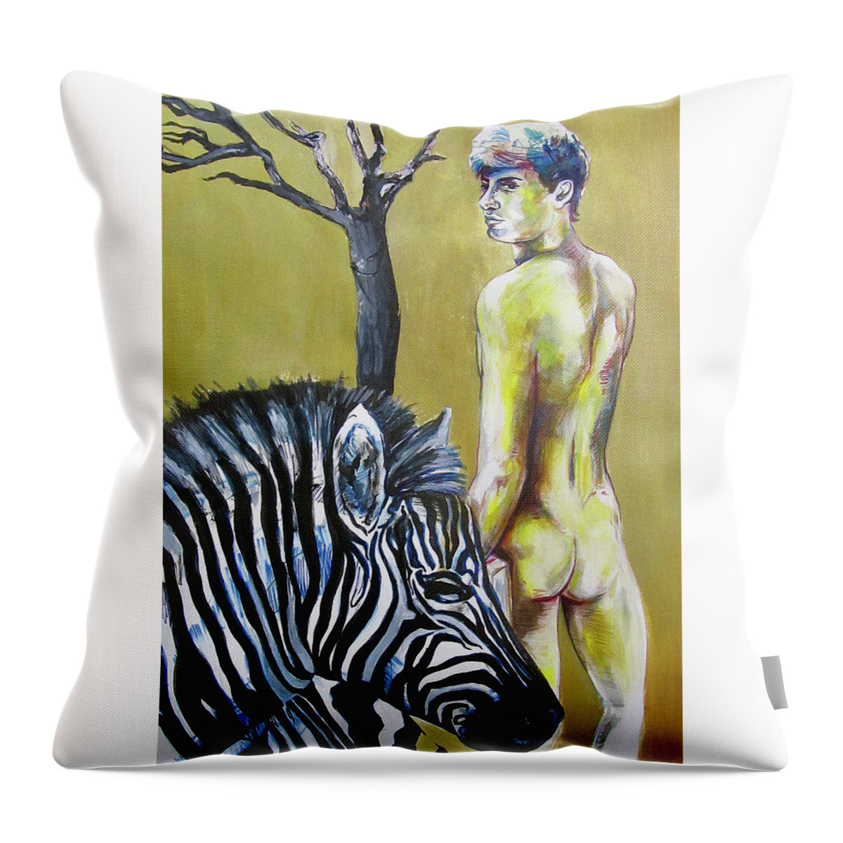 Zebra Throw Pillow featuring the painting Golden Zebra High Noon by Rene Capone