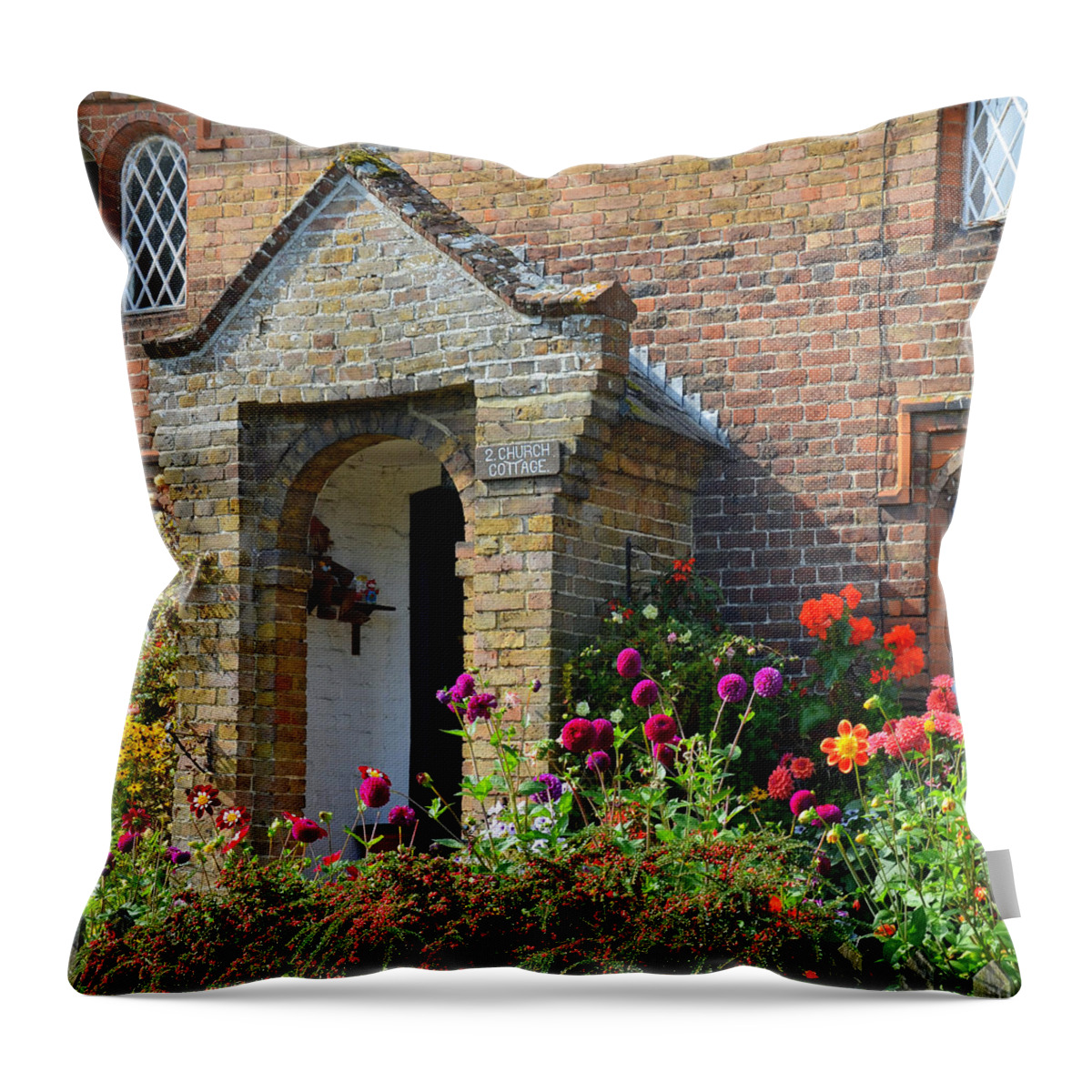 Goodnestone Throw Pillow featuring the photograph Goodnestone Cottage with English Country Garden by Carla Parris