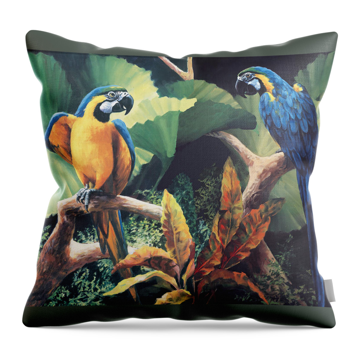 Macaw Throw Pillow featuring the painting Gossips by Laurie Snow Hein
