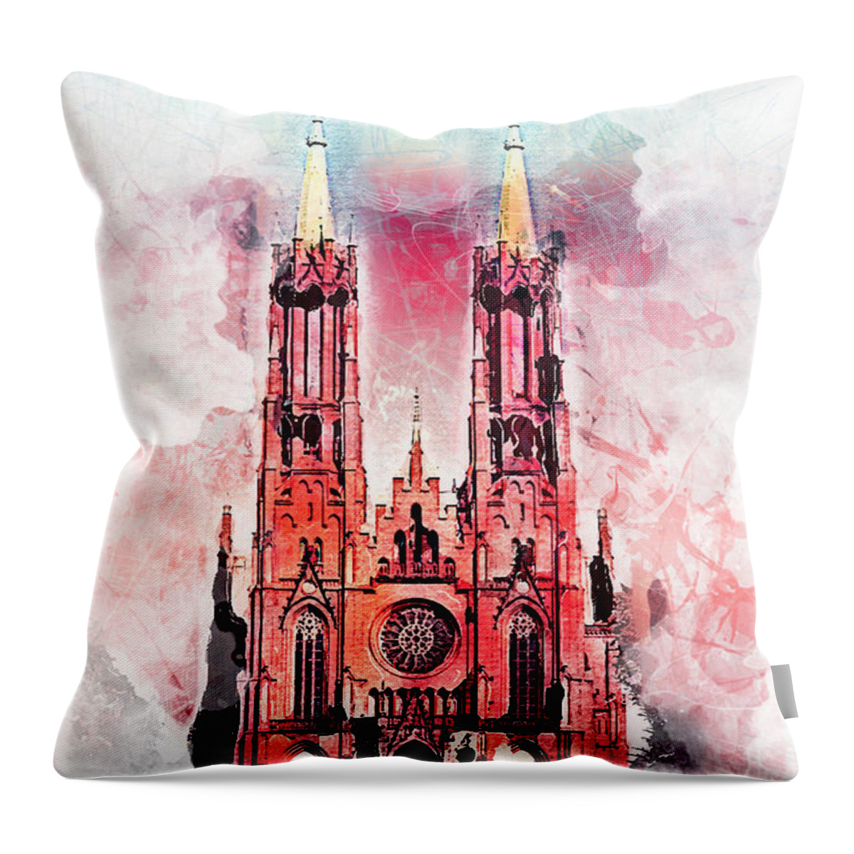 Gothic Church Throw Pillow featuring the painting Gothic revival church in Zyrardow by Justyna Jaszke JBJart