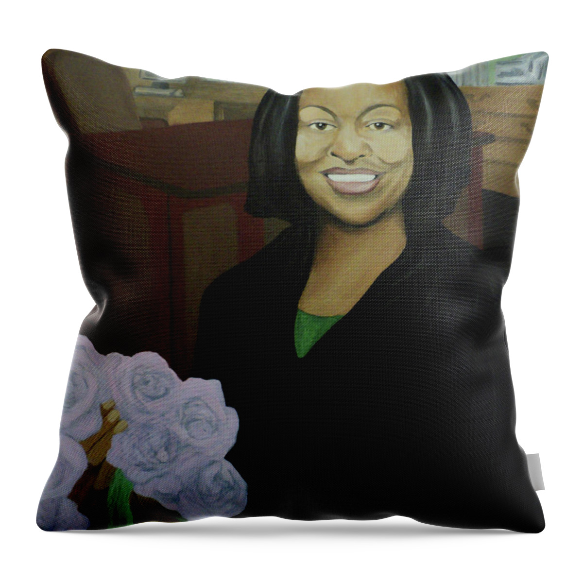 Black Throw Pillow featuring the painting Graduate Beauty by Angelo Thomas