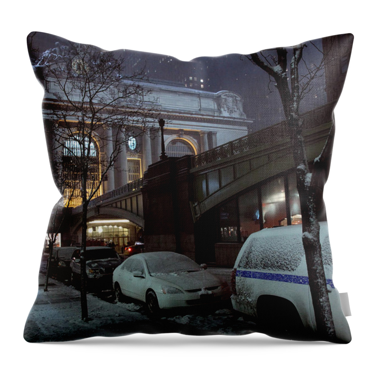 Park Avenue Throw Pillow featuring the photograph Grand Central Station Manhattan NY view from E43rd St and Park Avenue at late night snow storm by Alexander Winogradoff