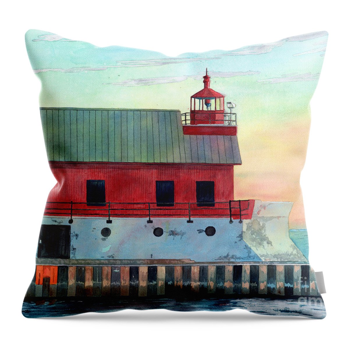 Lighthouse Throw Pillow featuring the painting Grand Haven Outer Light, Lighthouse Paintings, Lighthouse Prints, Lake Michigan by LeAnne Sowa