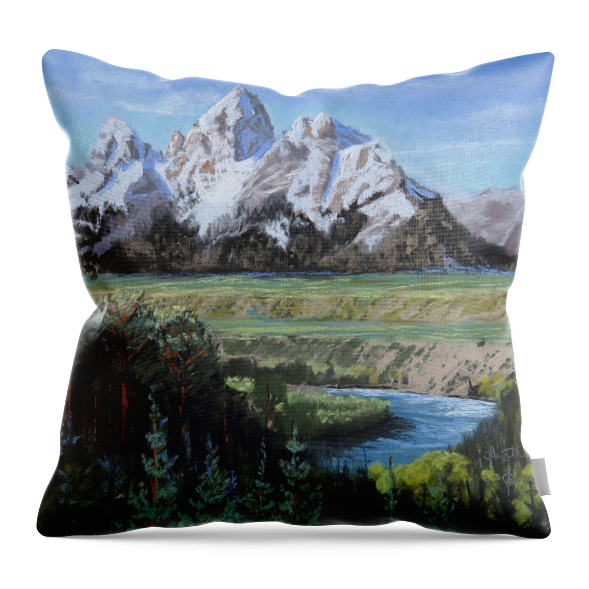 Grand Teton Throw Pillow featuring the painting Grand Teton and Snake River by Heather Coen