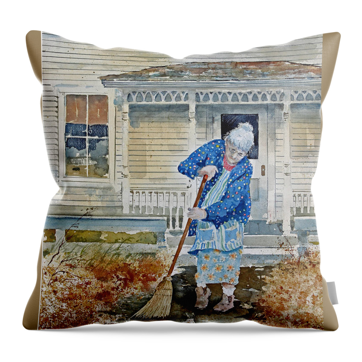 A Grandmother Sweeps The Autumn Leaves Off Her Walk In Front Of Her Home. Throw Pillow featuring the painting Grandma by Monte Toon