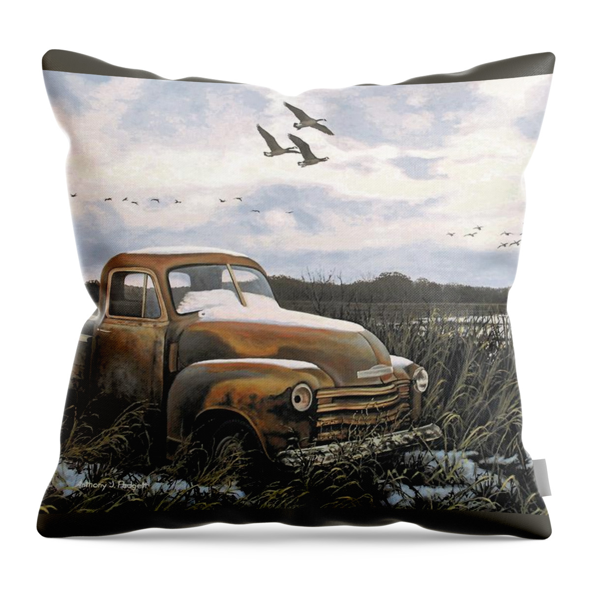 Truck Throw Pillow featuring the painting Grandpa's Old Truck by Anthony J Padgett