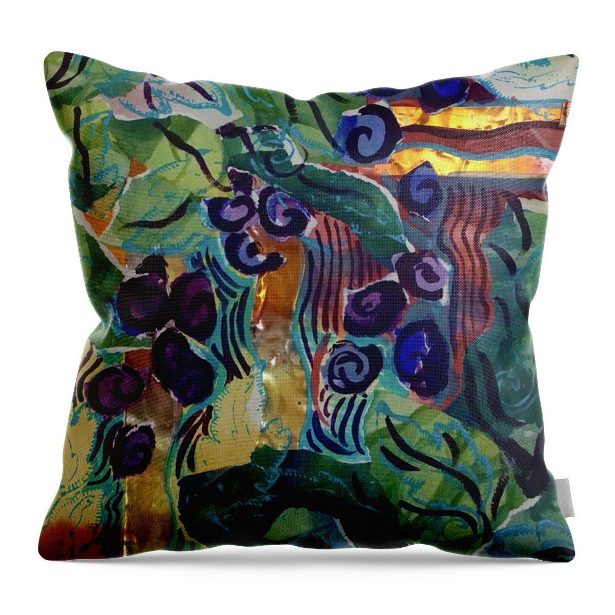 Grapes Throw Pillow featuring the mixed media Grape Vinyard by Genie Morgan