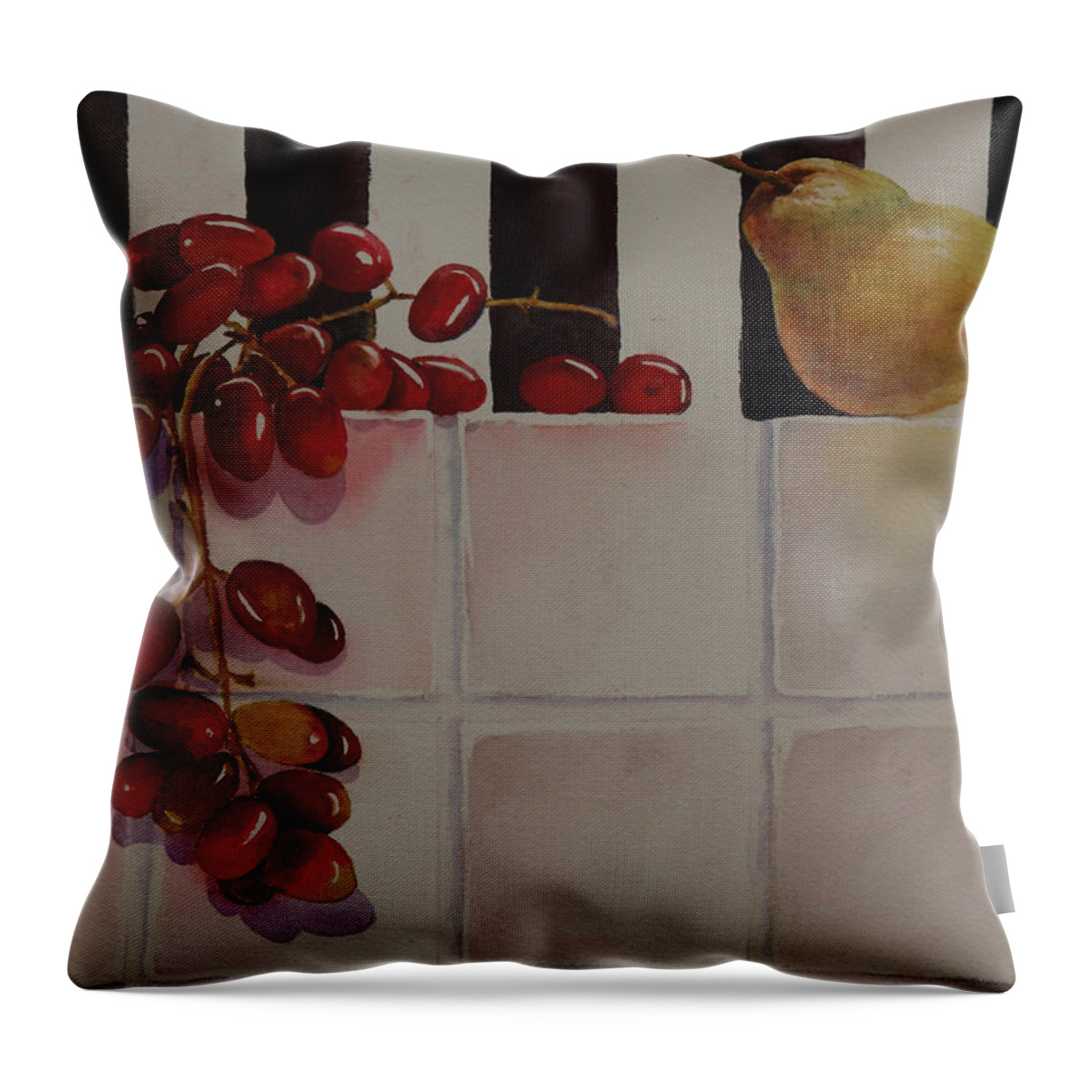 Fruit Throw Pillow featuring the painting Grapes and Pear by Ruth Kamenev