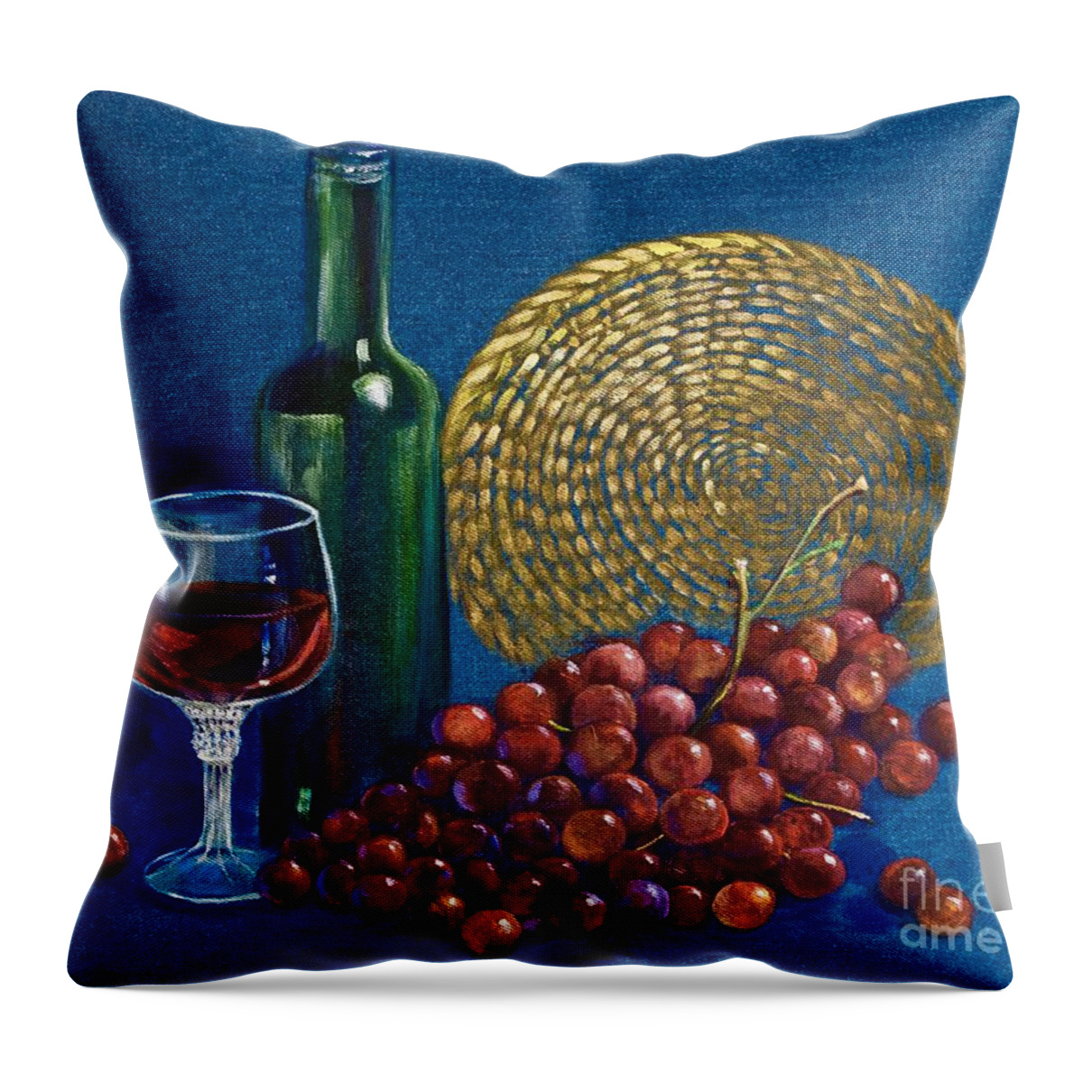 Still-life Throw Pillow featuring the painting Grapes and Wine by AnnaJo Vahle