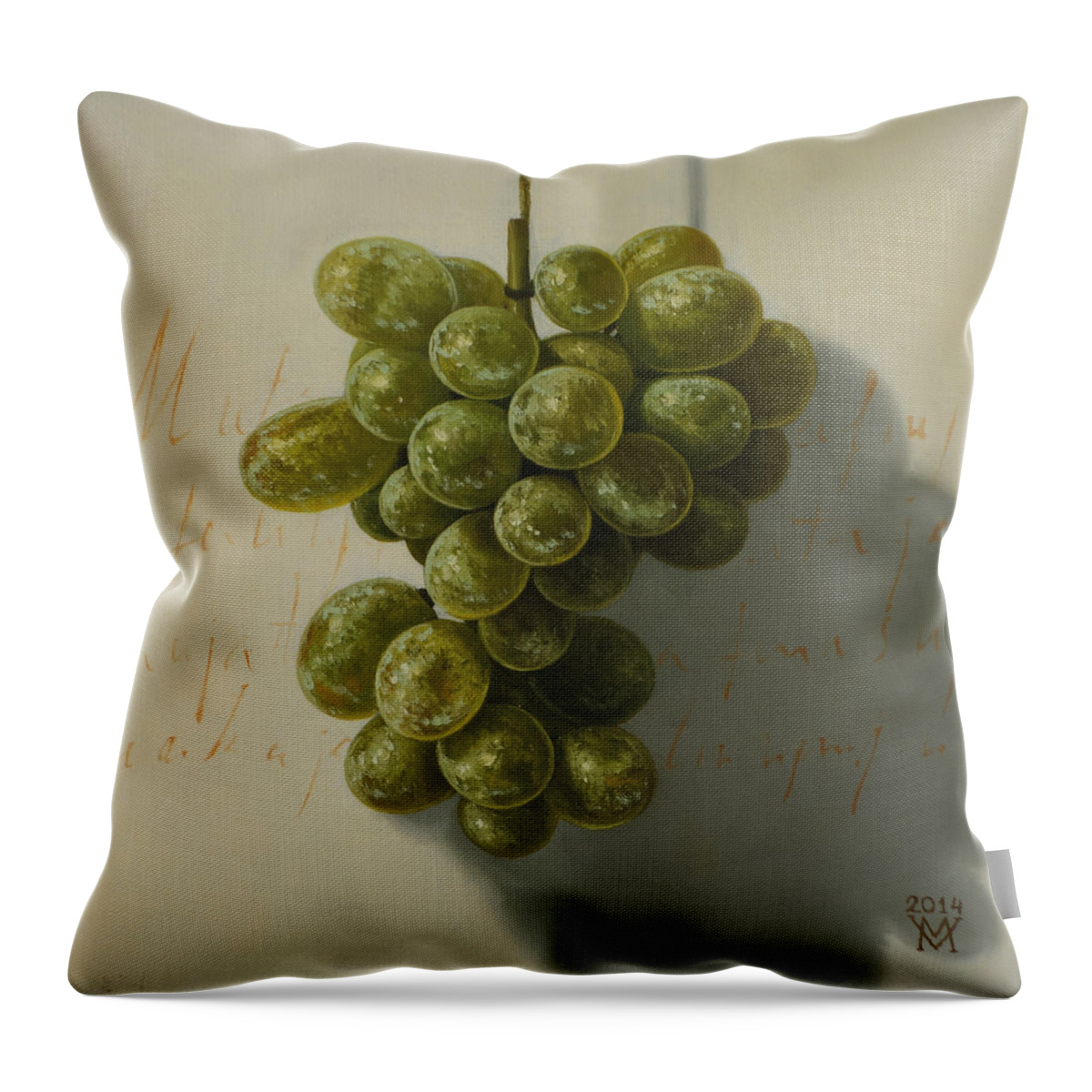 Green Yellow Grapes White Fruit Still Life Throw Pillow featuring the painting Grapes by Miljan Vasiljevic