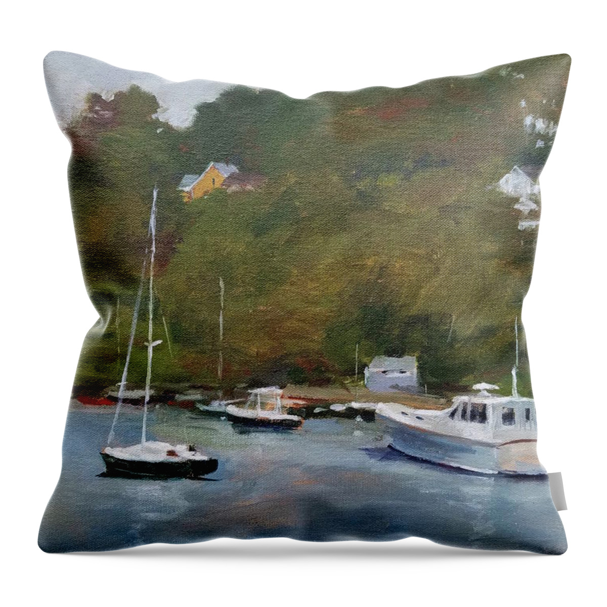 Maine Throw Pillow featuring the painting Gray Afternoon at Rockport Harbor by Peter Salwen
