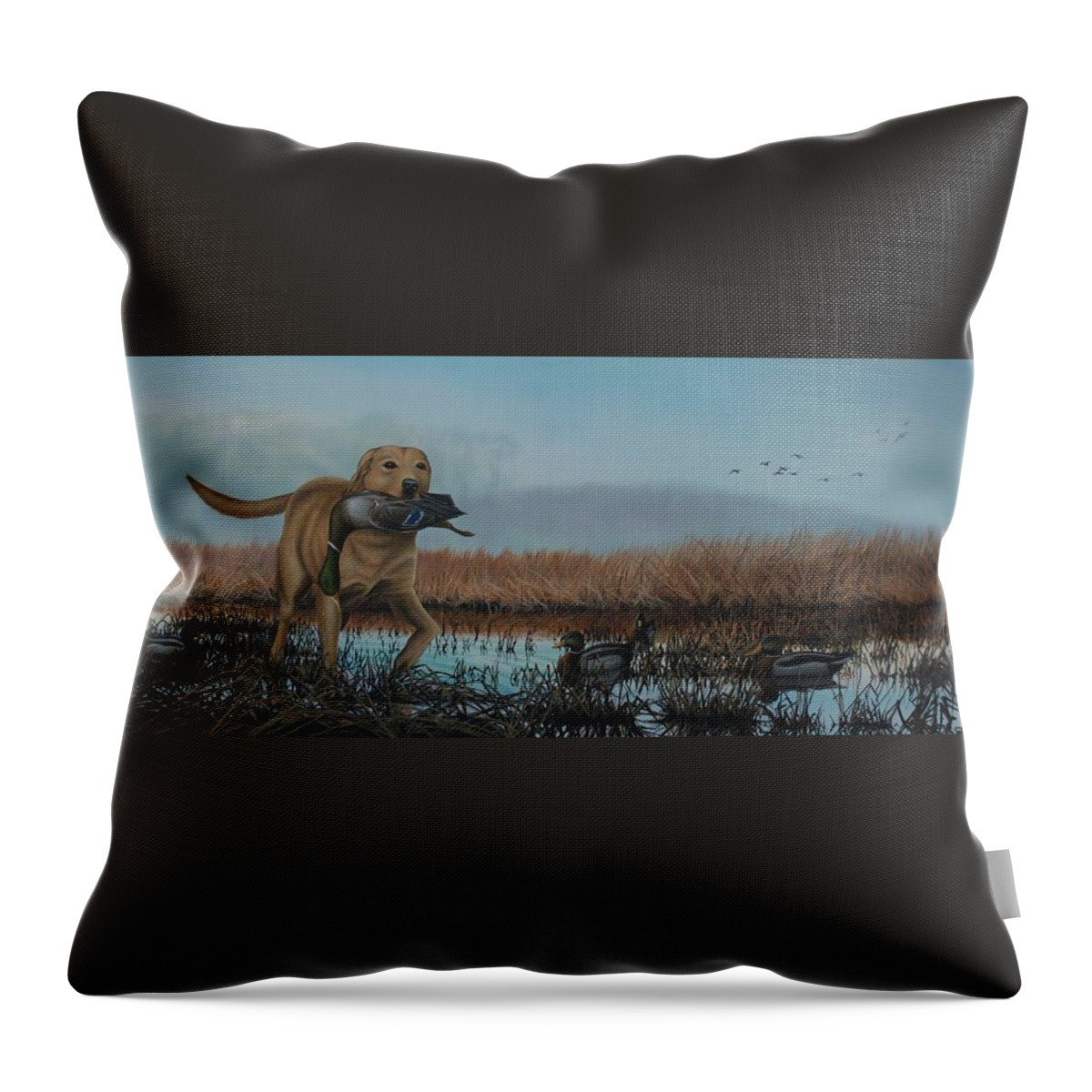 Yellow Lab Throw Pillow featuring the painting Gray Day Mallards by Anthony J Padgett