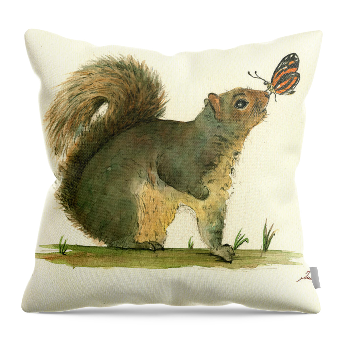 Squirrel Throw Pillow featuring the painting Gray squirrel butterfly by Juan Bosco