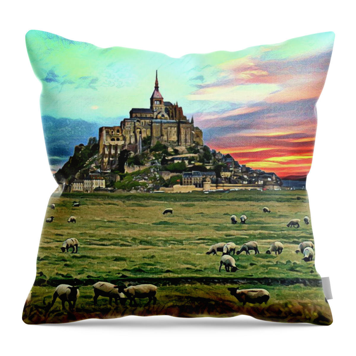 Sheep Throw Pillow featuring the digital art Grazing at Mont Saint Michel by Russ Harris