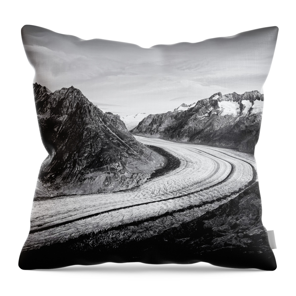 Aletsch Glacier Throw Pillow featuring the photograph Great Aletsch Glacier Switzerland Black and White by Matthias Hauser