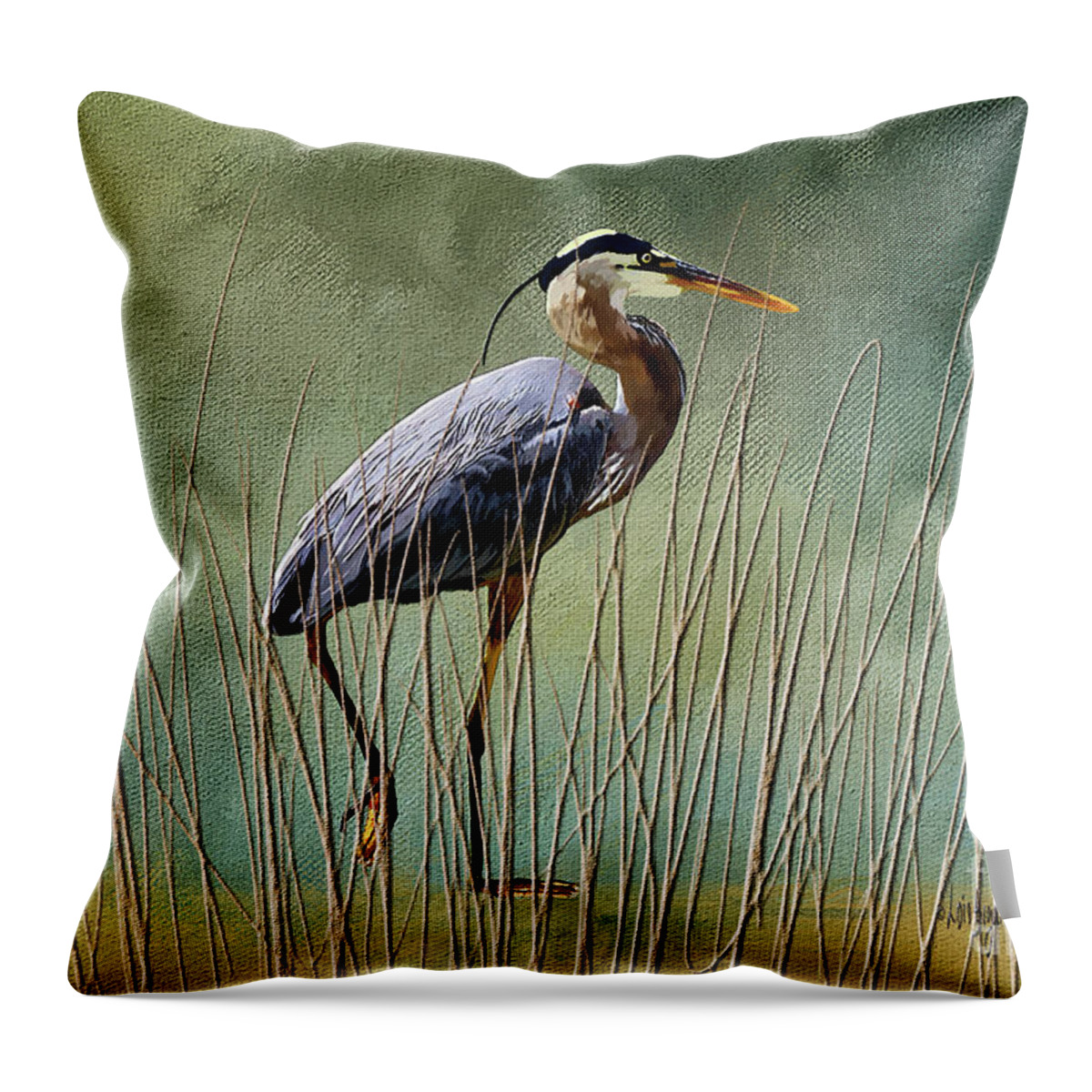 Heron Throw Pillow featuring the digital art Great Blue At The Beach by Lois Bryan