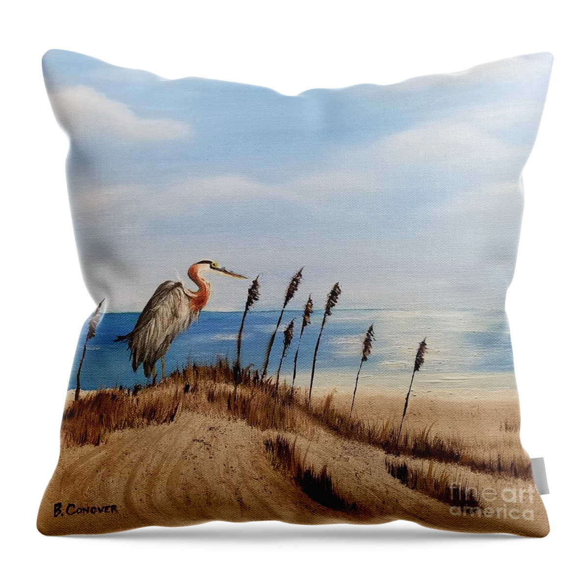 Blue Heron Throw Pillow featuring the painting Great Blue Heron - Outer Banks by Bev Conover