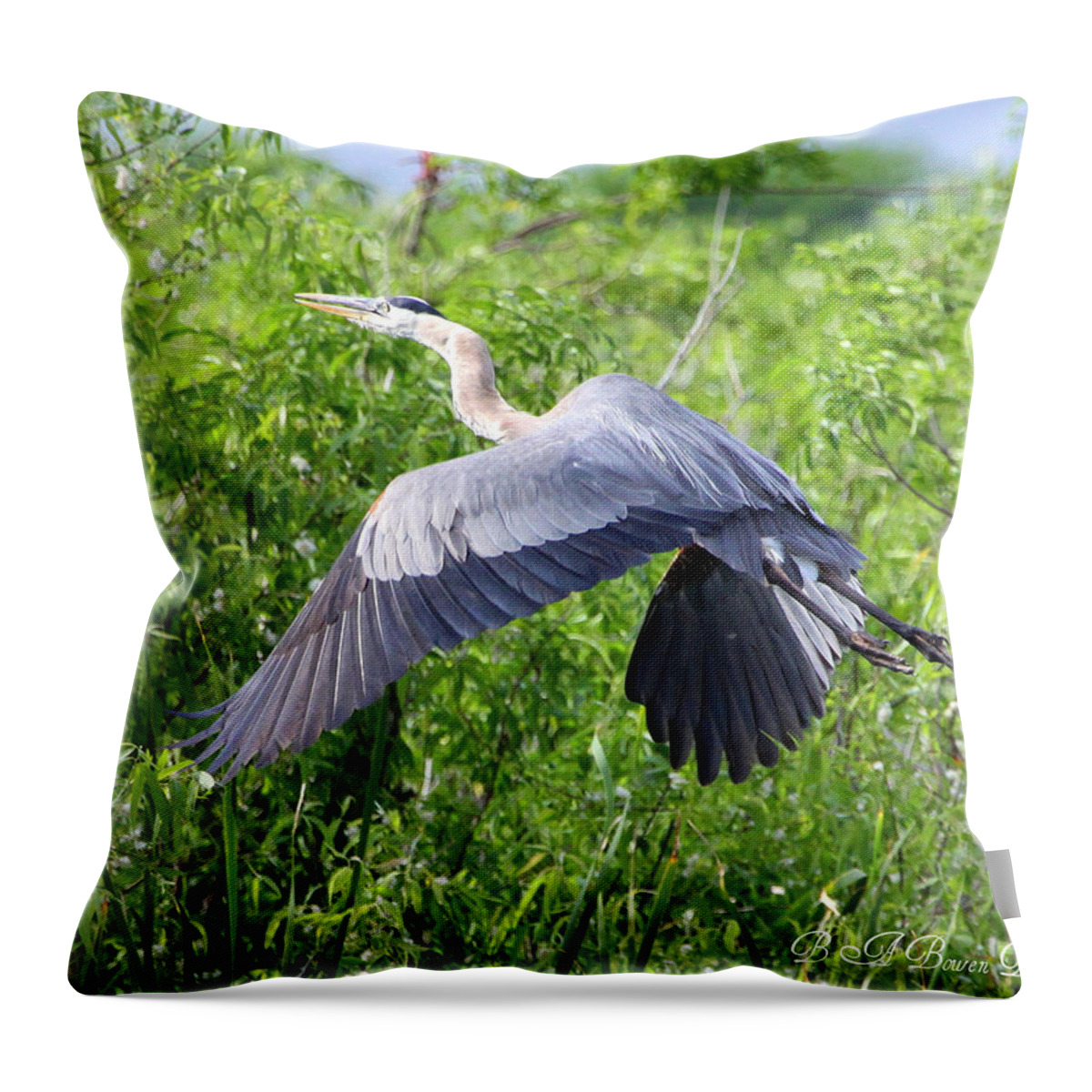 Great Blue Heron Throw Pillow featuring the photograph Great Blue Heron Takeoff by Barbara Bowen