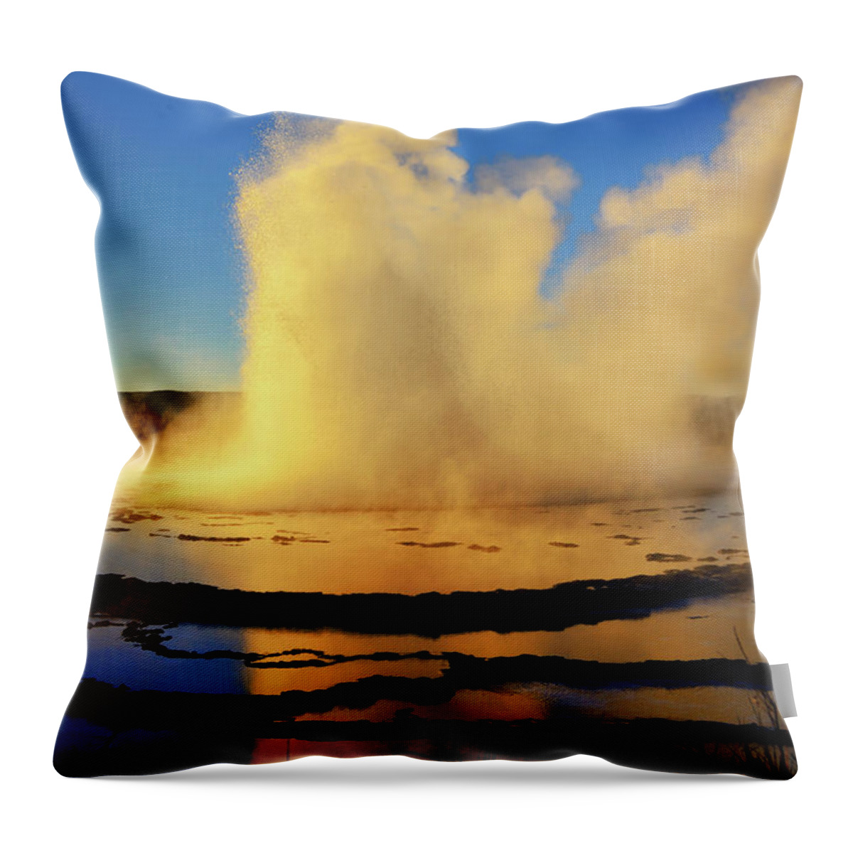 Great Fountain Geyser Throw Pillow featuring the photograph Great Fountain Geyser Sunset Eruption by Greg Norrell