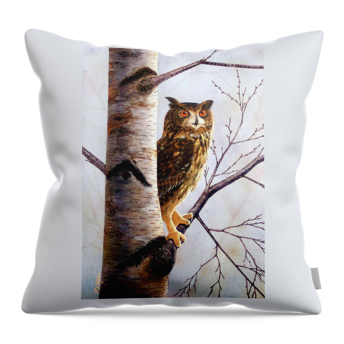 Great Horned Owl In Birch Throw Pillow featuring the painting Great Horned Owl In Birch by Frank Wilson