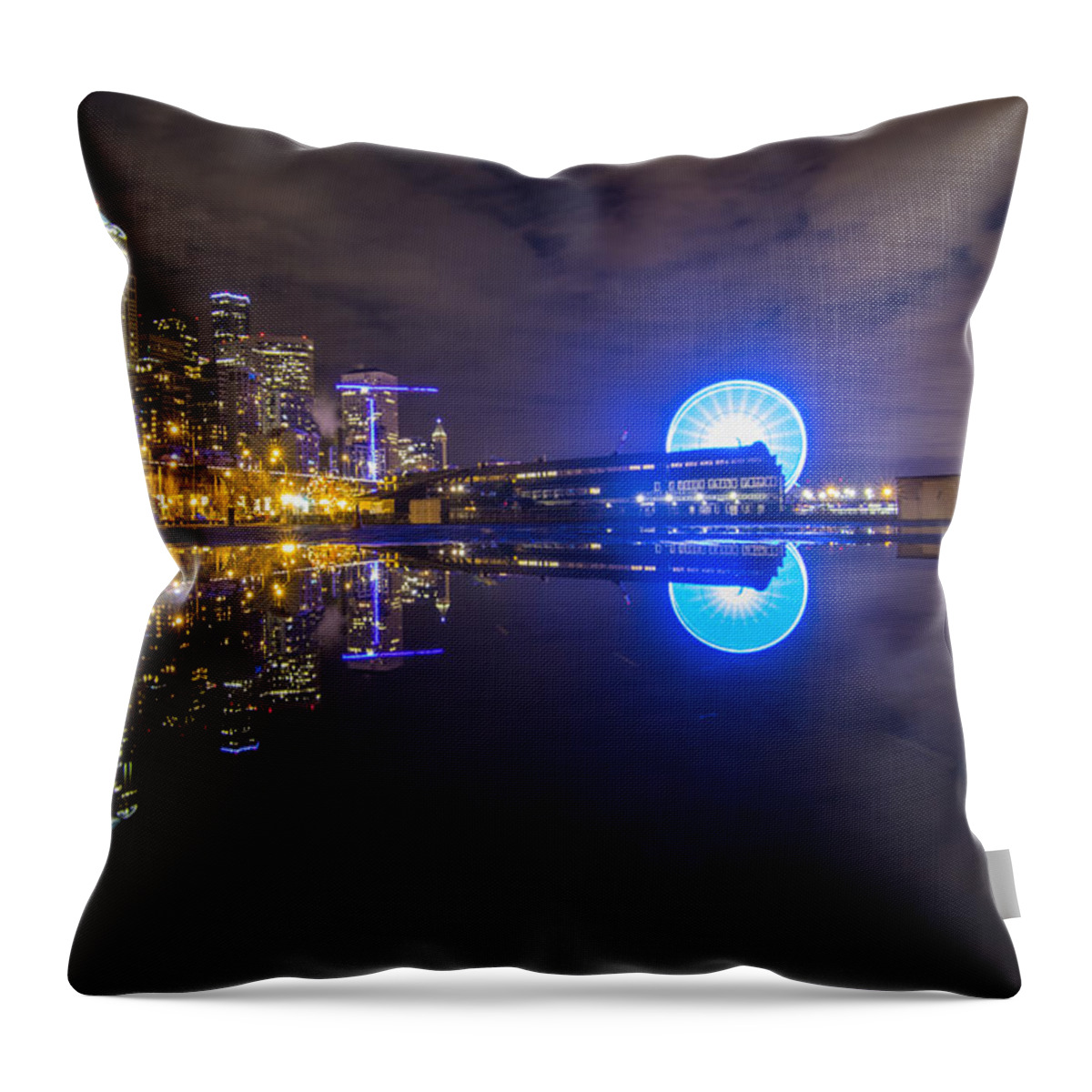 Seattle Throw Pillow featuring the photograph Great Wheel Seattle City Reflection by Matt McDonald