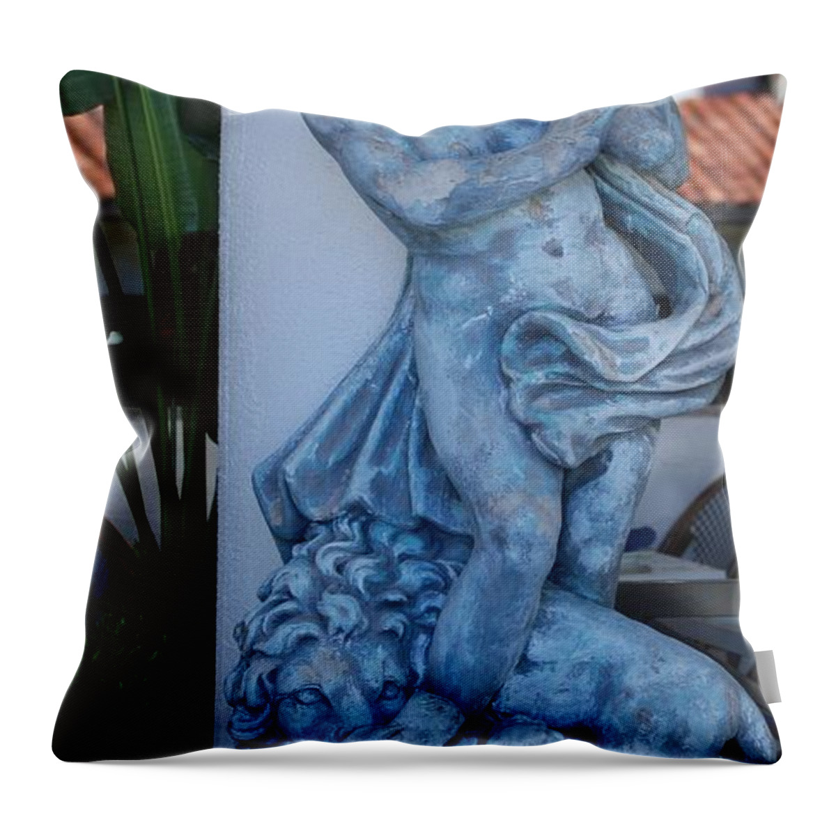 Statue Throw Pillow featuring the photograph Greek Dude And Lion In Blue by Rob Hans
