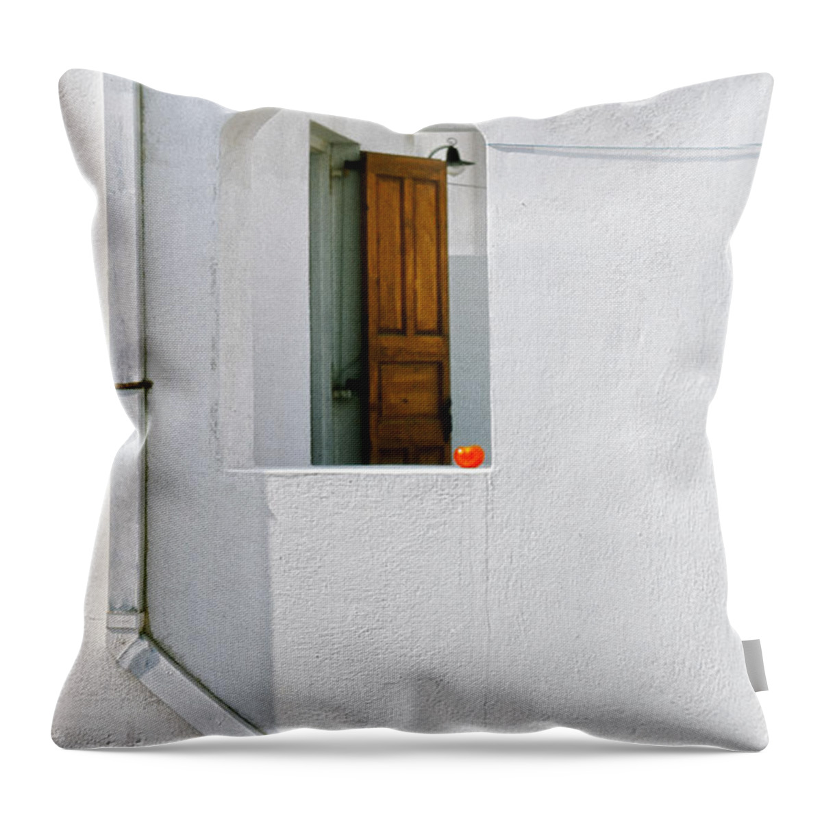 White Throw Pillow featuring the photograph Greek window with tomato by Silvia Ganora