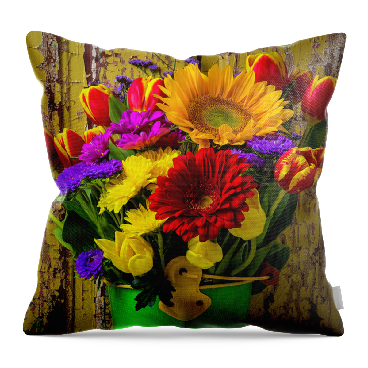 Red Throw Pillow featuring the photograph Green Bucket Of Spring Flowers by Garry Gay