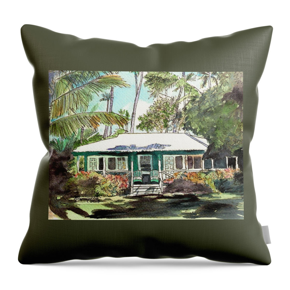 Cottage Throw Pillow featuring the painting Green Cottage by Marionette Taboniar
