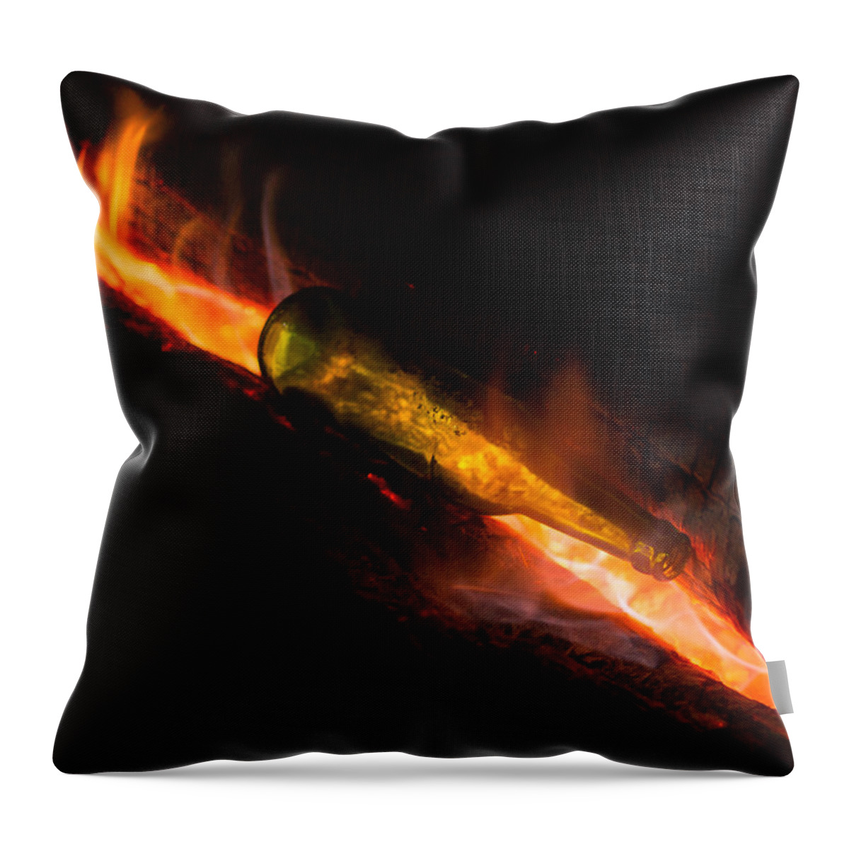 Background Throw Pillow featuring the photograph Green Glass Bottle and Campfire by John Williams