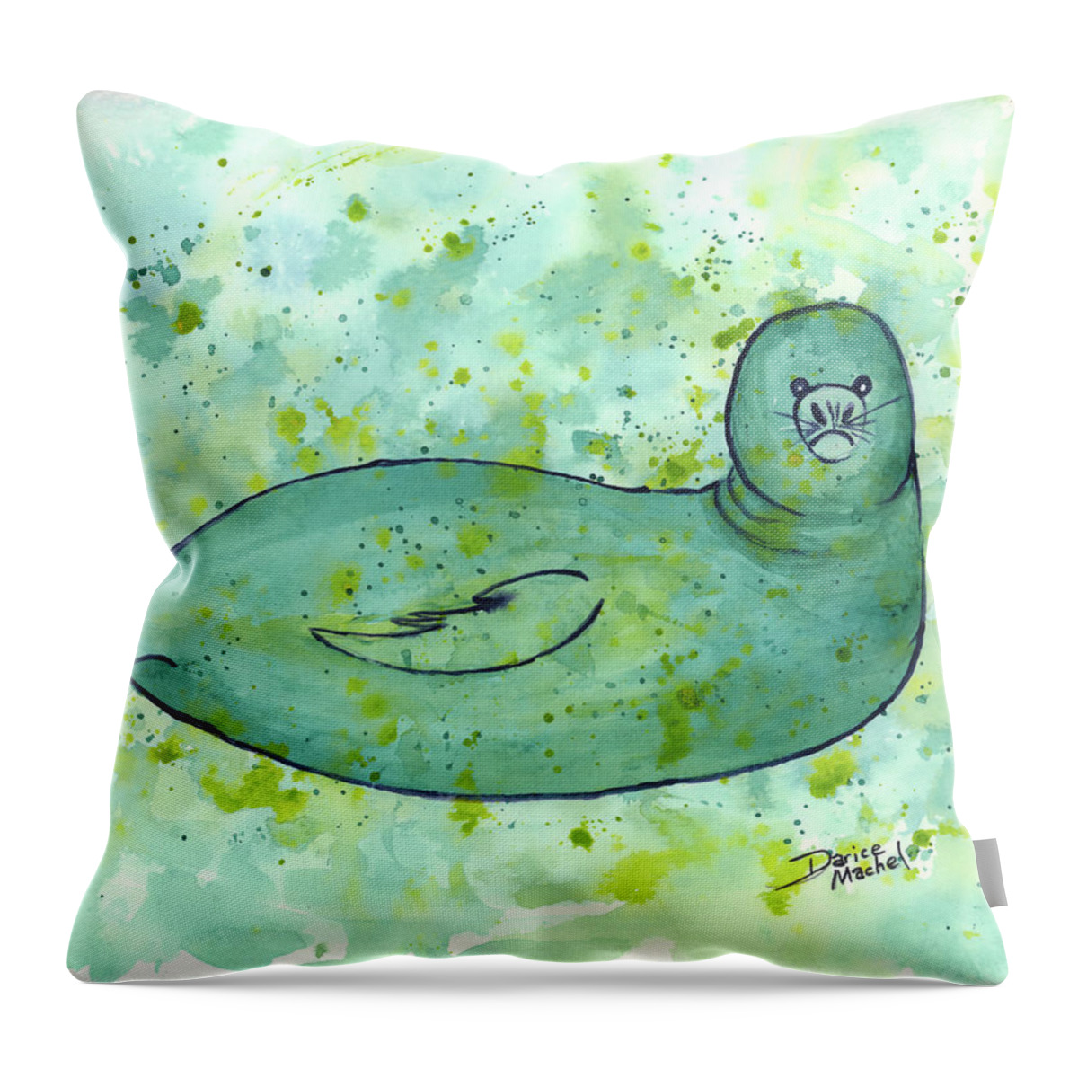 Darice Throw Pillow featuring the painting Green Monk Seal by Darice Machel McGuire