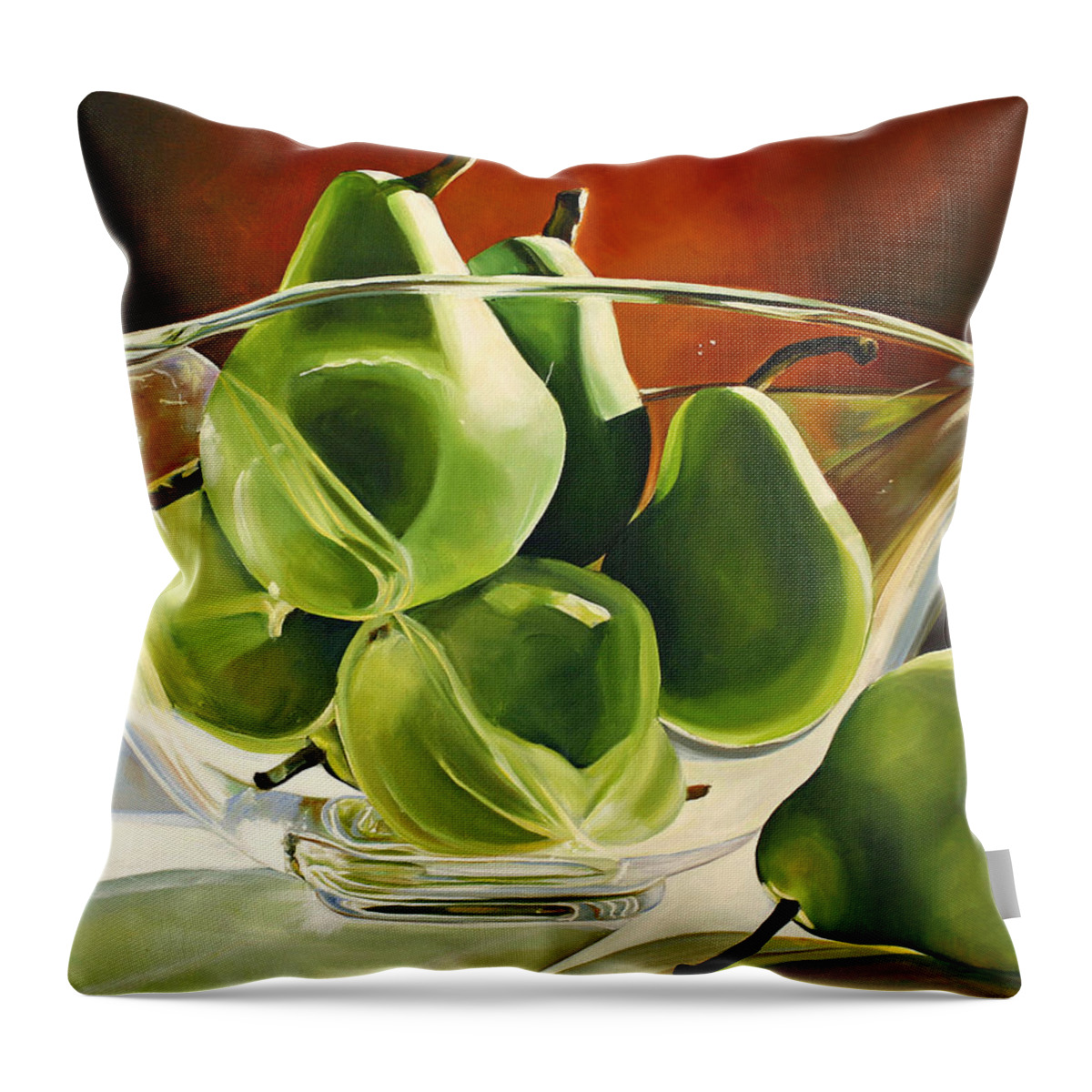 Pear Throw Pillow featuring the painting Green Pears in Glass Bowl by Toni Grote