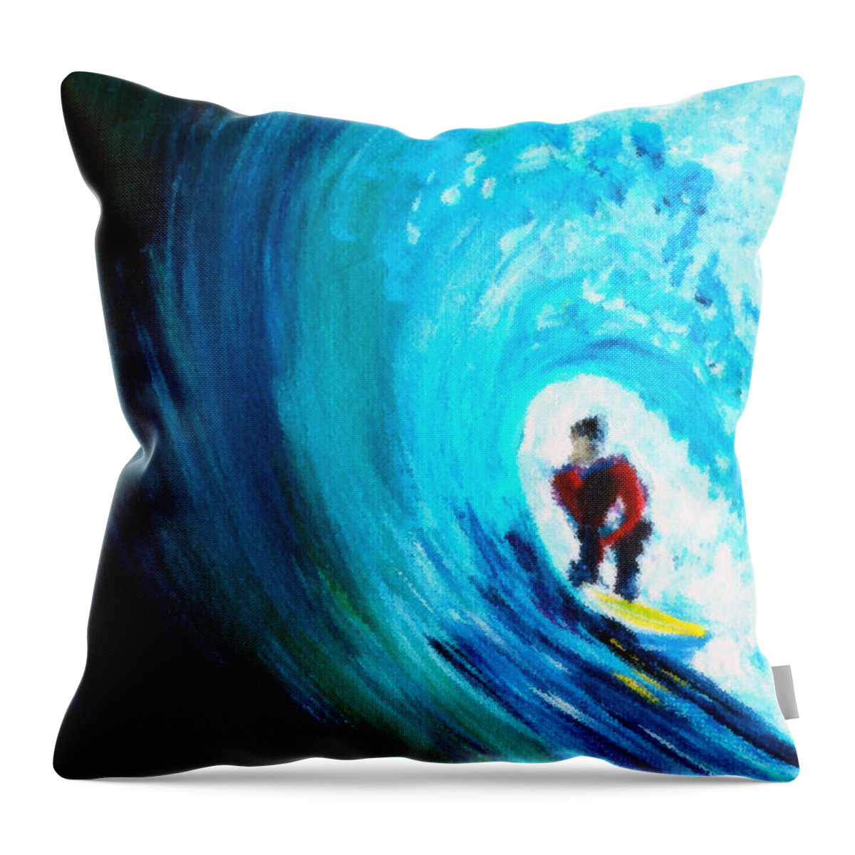 Surfer Throw Pillow featuring the painting Green Room Surfer in a Wave by Katy Hawk