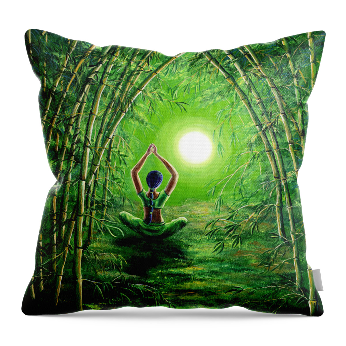 Hinduism Throw Pillow featuring the painting Green Tara in the Hall of Bamboo by Laura Iverson