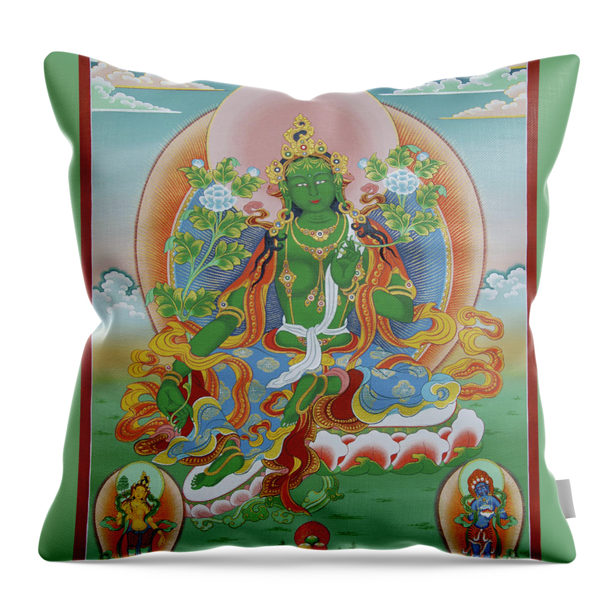 Thangka Throw Pillow featuring the painting Green Tara with Retinue by Sergey Noskov