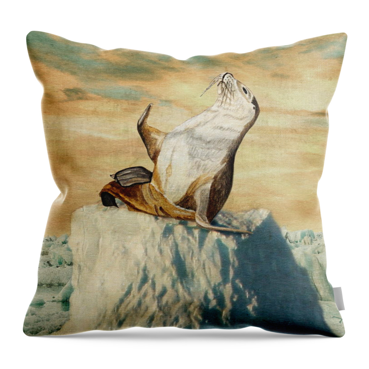 Sea Lion Throw Pillow featuring the painting Greetings From The Arctic by Angeles M Pomata