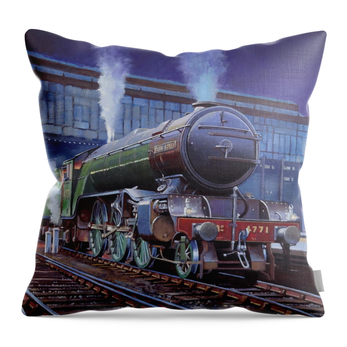 Steam Throw Pillow featuring the painting Gresley Green Arrow class. by Mike Jeffries