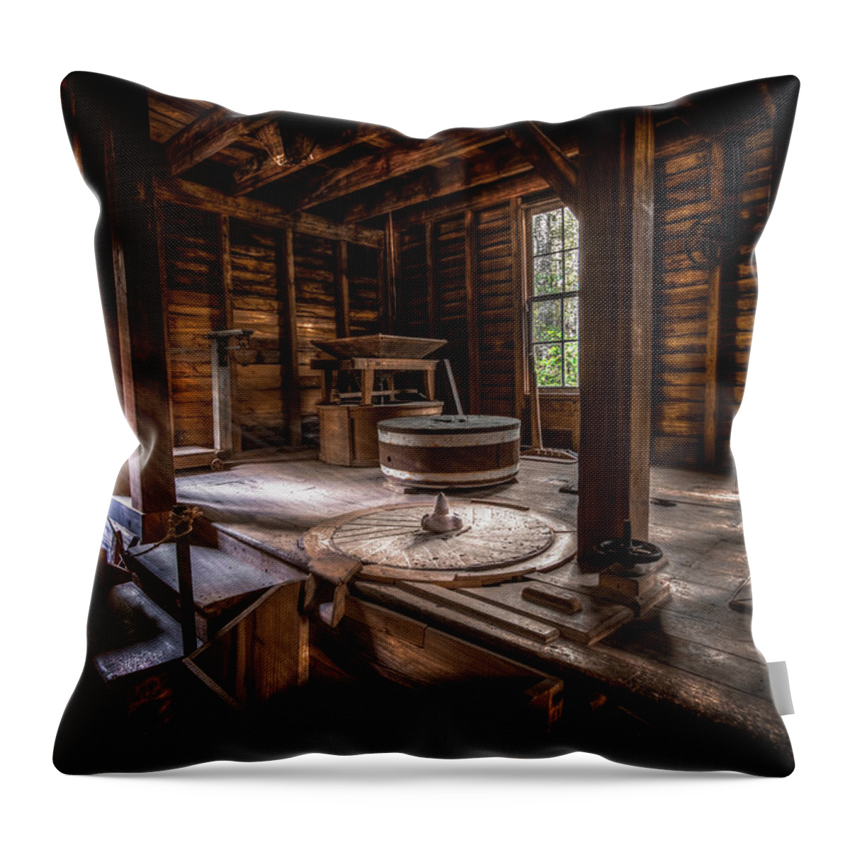 Appalachian Throw Pillow featuring the photograph Grindstone at the Mingus Mill by David Morefield