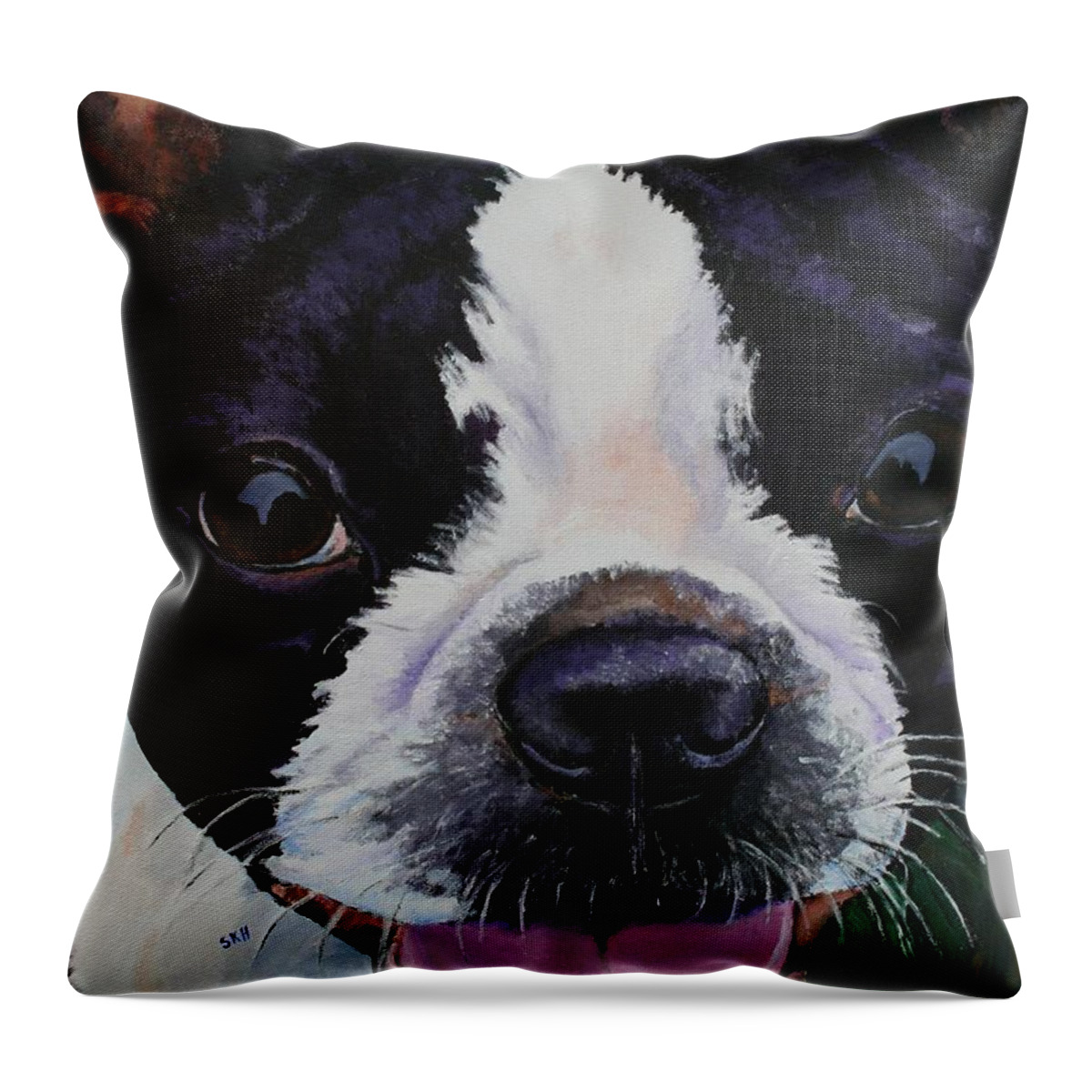 Boston Terrier Throw Pillow featuring the painting Grins by Susan Herber