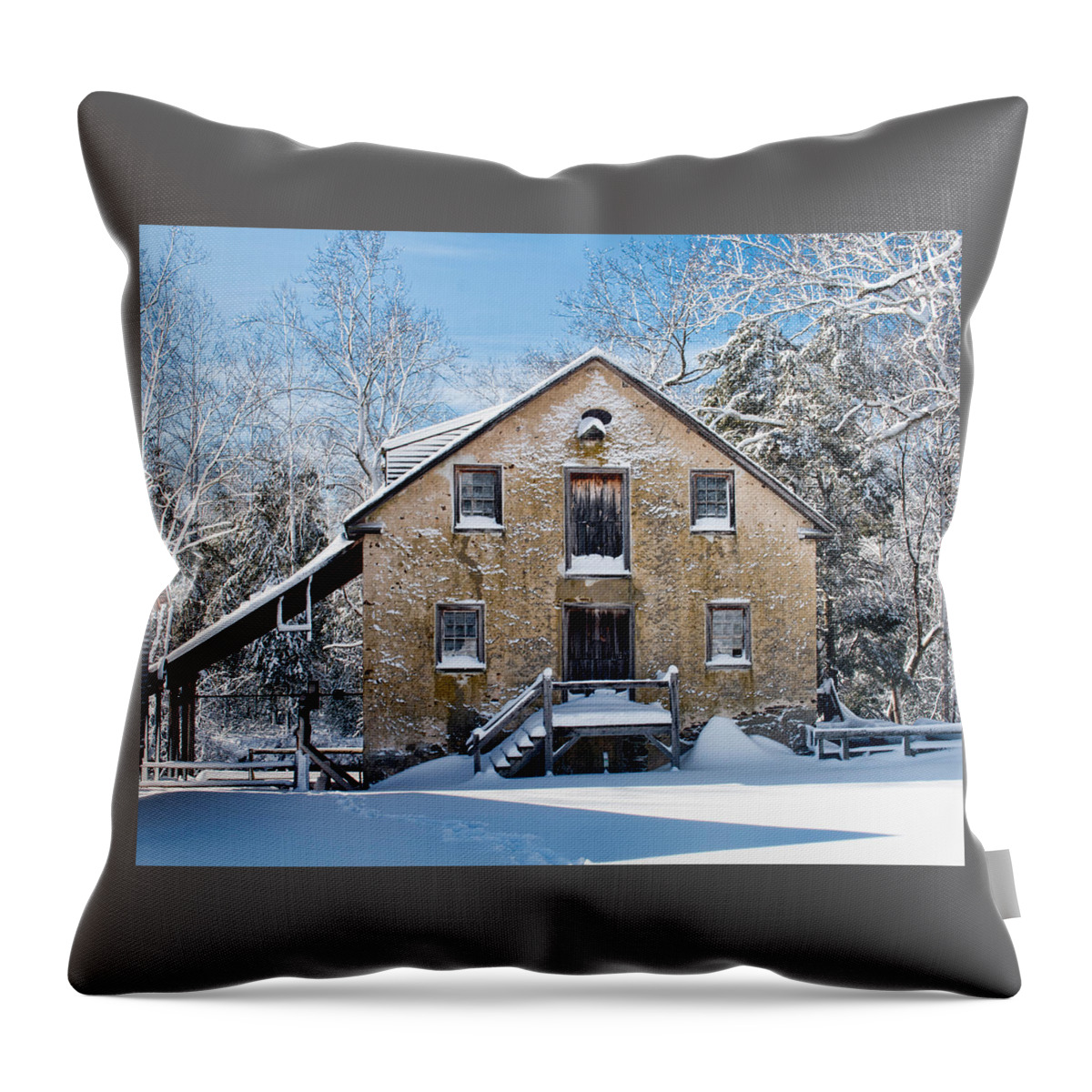 Grist Mill Throw Pillow featuring the photograph Gristmill In The Snow by Kristia Adams