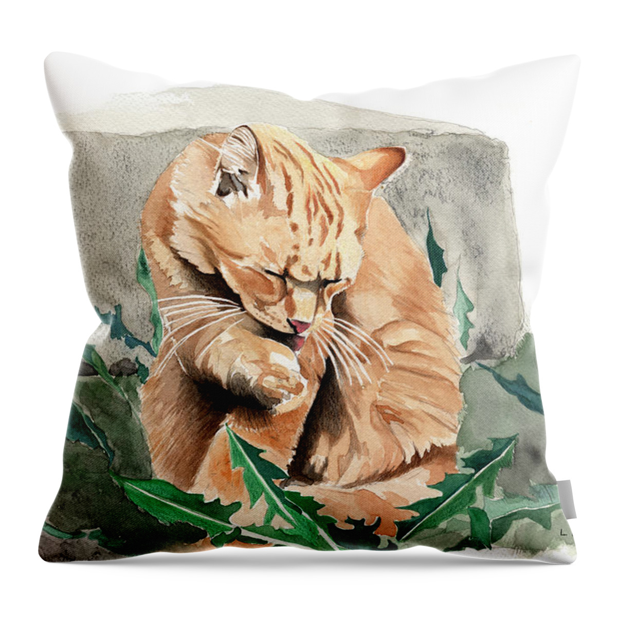 Cat Throw Pillow featuring the painting Grooming Time by Louise Howarth