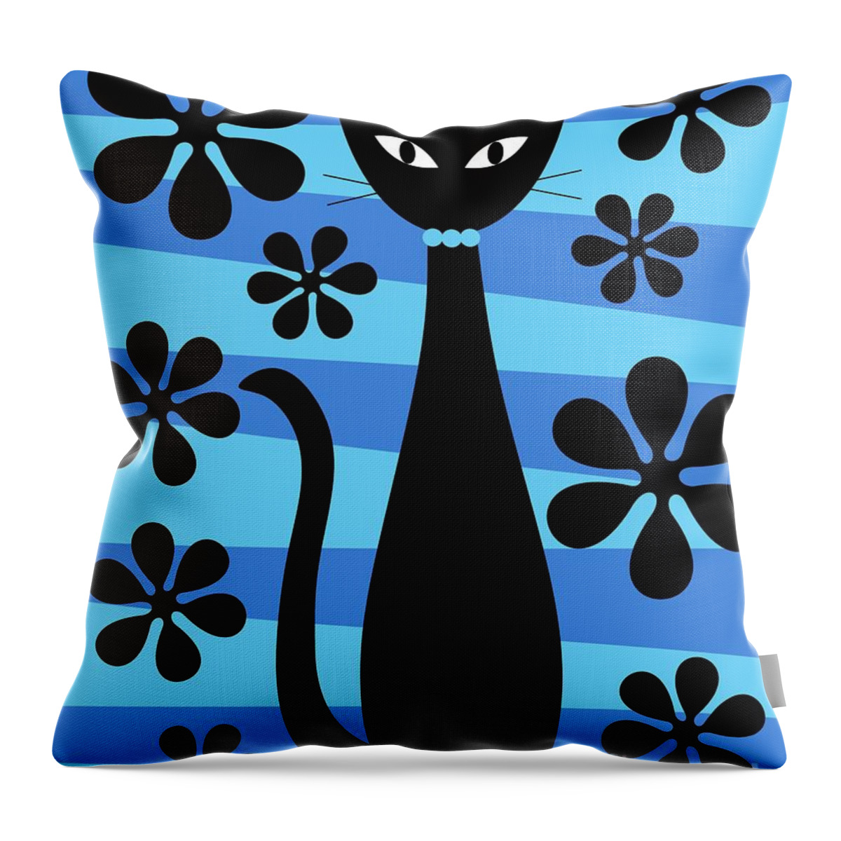 Donna Mibus Throw Pillow featuring the digital art Groovy Flowers with Cat Blue and Light Blue by Donna Mibus