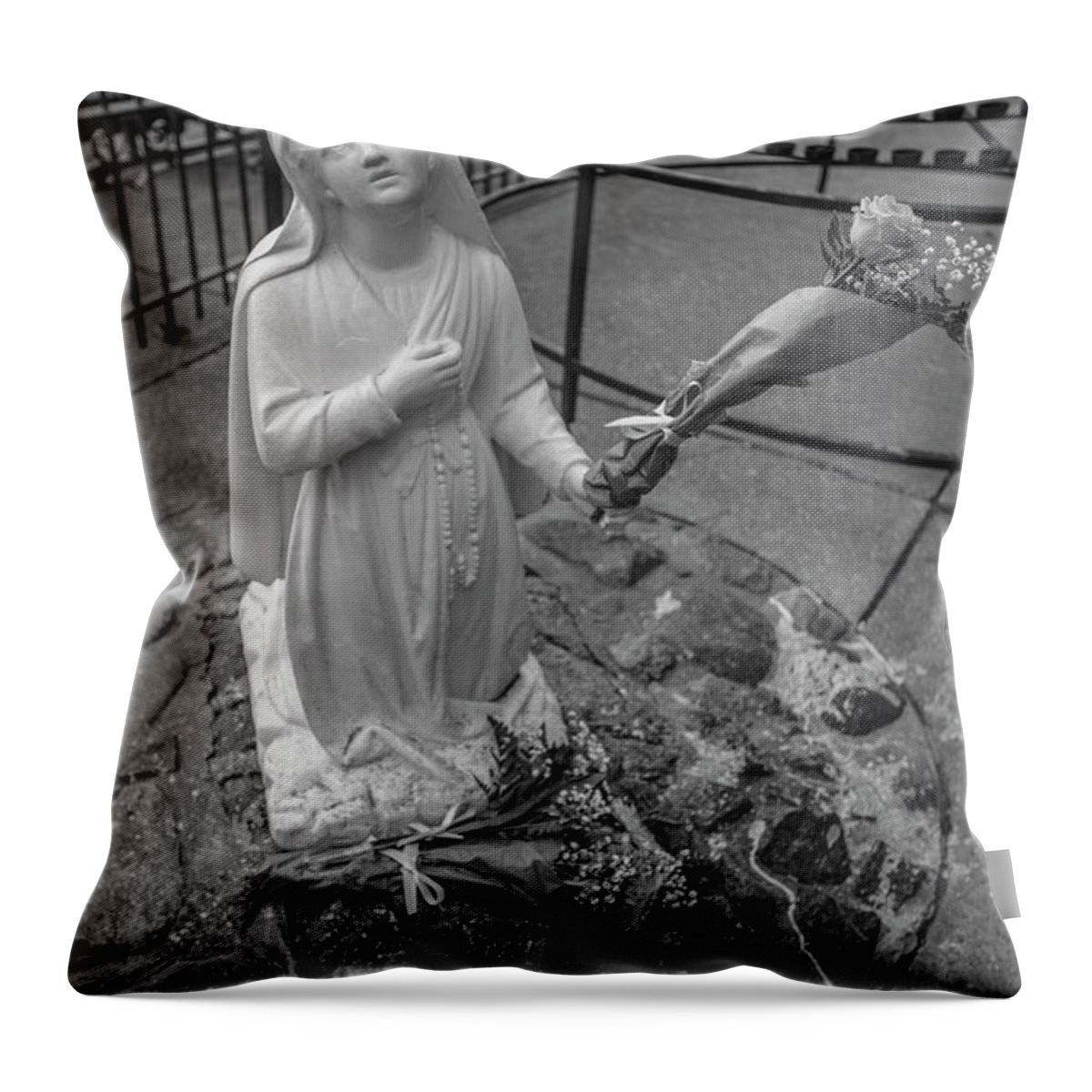 American University Throw Pillow featuring the photograph Grotto of Our Lady of Lourdes Statue by John McGraw