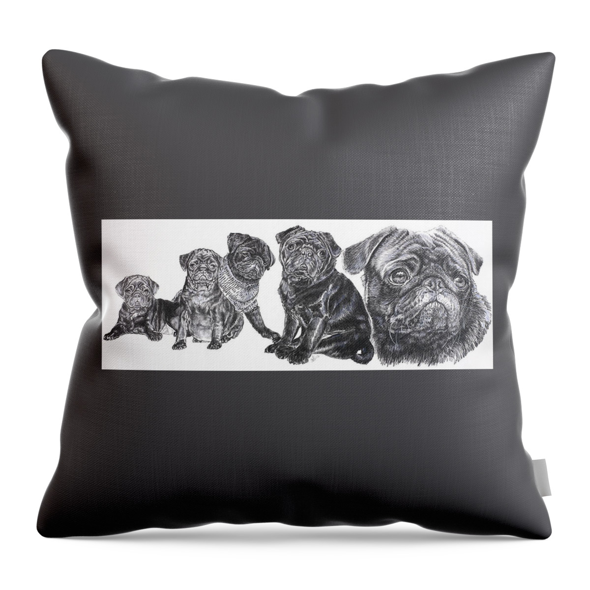 Toy Group Throw Pillow featuring the drawing Little Black Pug Family by Barbara Keith