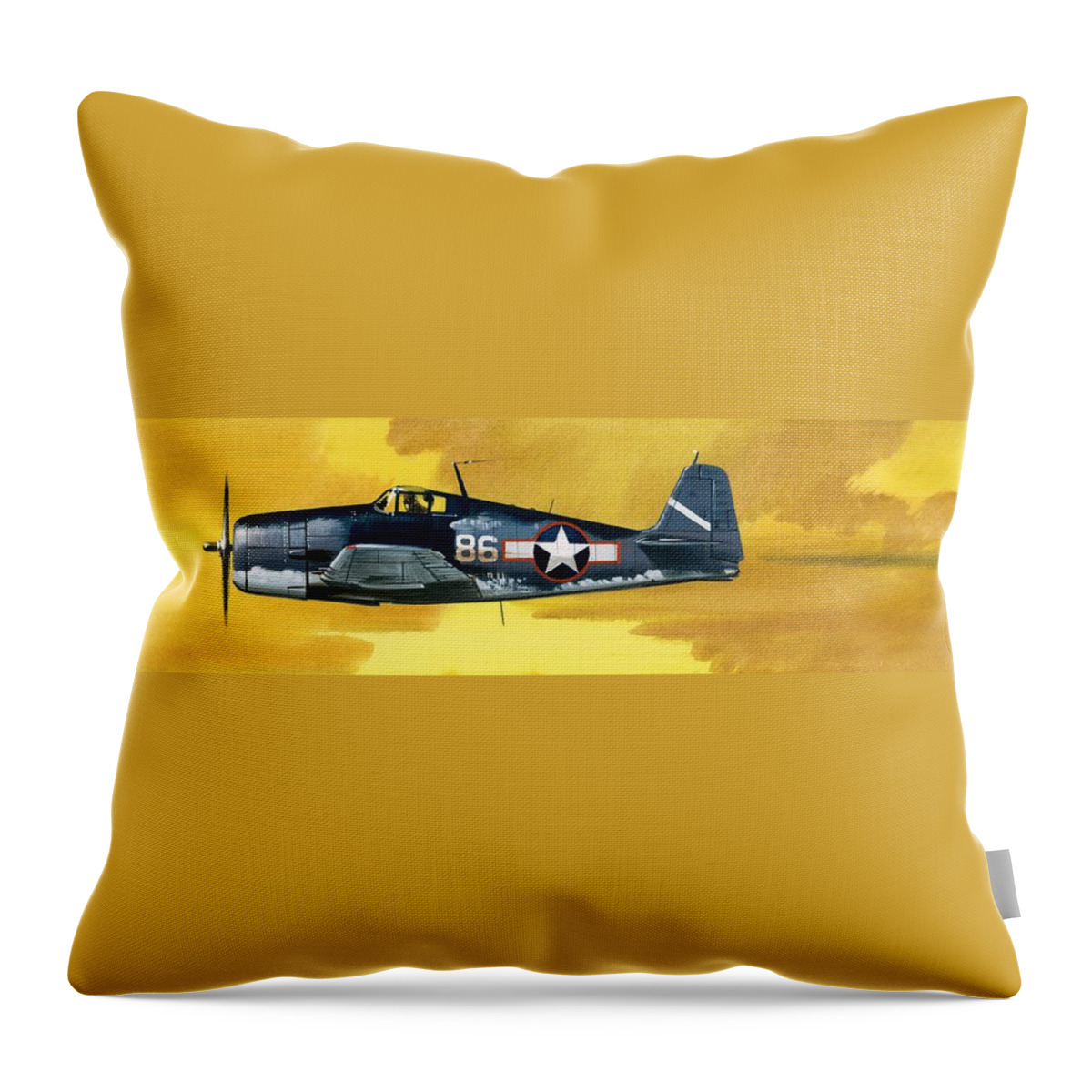 Aircraft; Aeroplane; Plane; Flying; Grumman F4rf-3 Wildcat; Grumman F6f-3 Hellcat; Chance Vought F4u-1a Corsair Throw Pillow featuring the painting Grumman F6F-3 Hellcat by Wilf Hardy