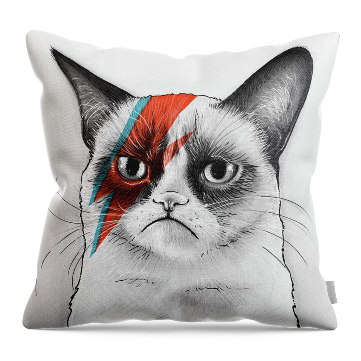 Grumpy Cat Throw Pillow featuring the drawing Grumpy Cat as David Bowie by Olga Shvartsur