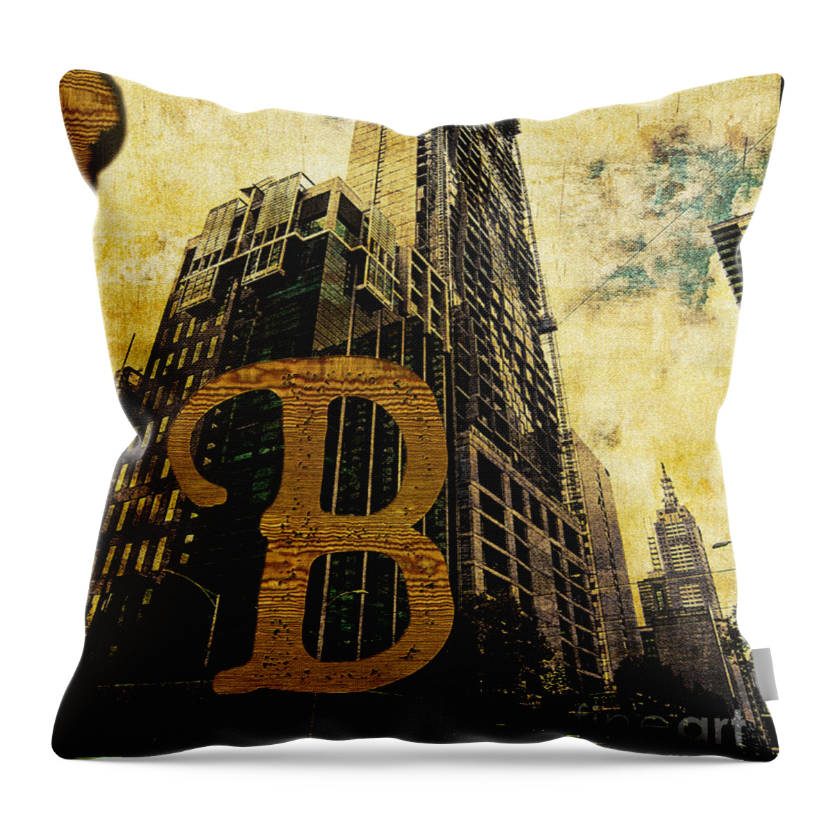 Central Throw Pillow featuring the photograph Grungy Melbourne Australia Alphabet Series Letter B Central Busi by Beverly Claire Kaiya