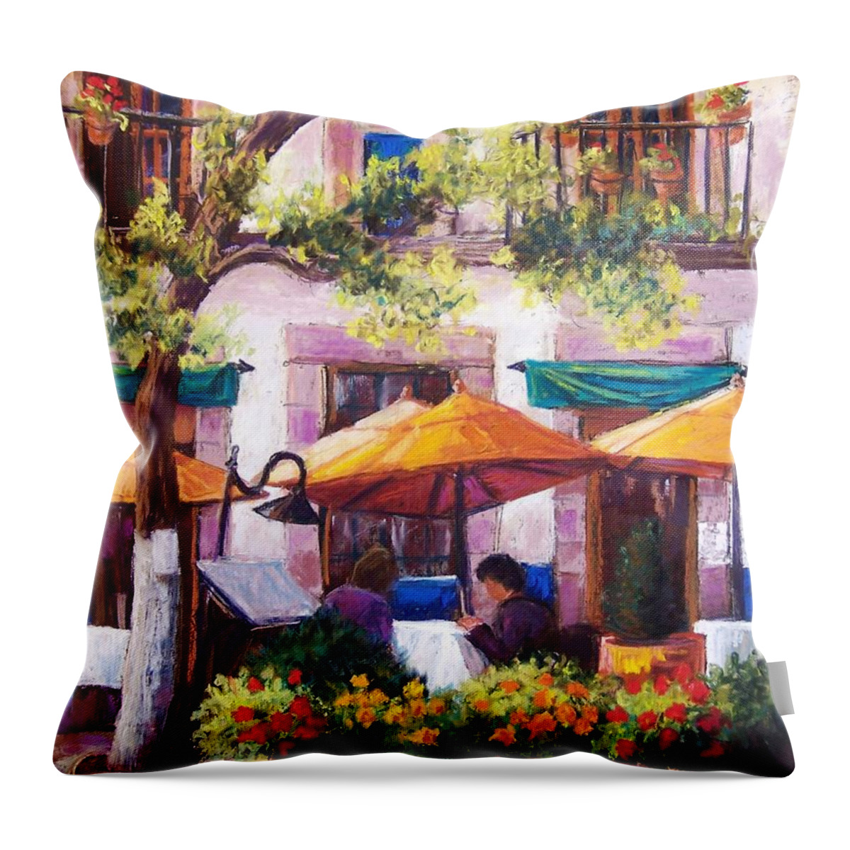 Sidewalk Cafe Throw Pillow featuring the pastel Guanajuato Cafe by Candy Mayer