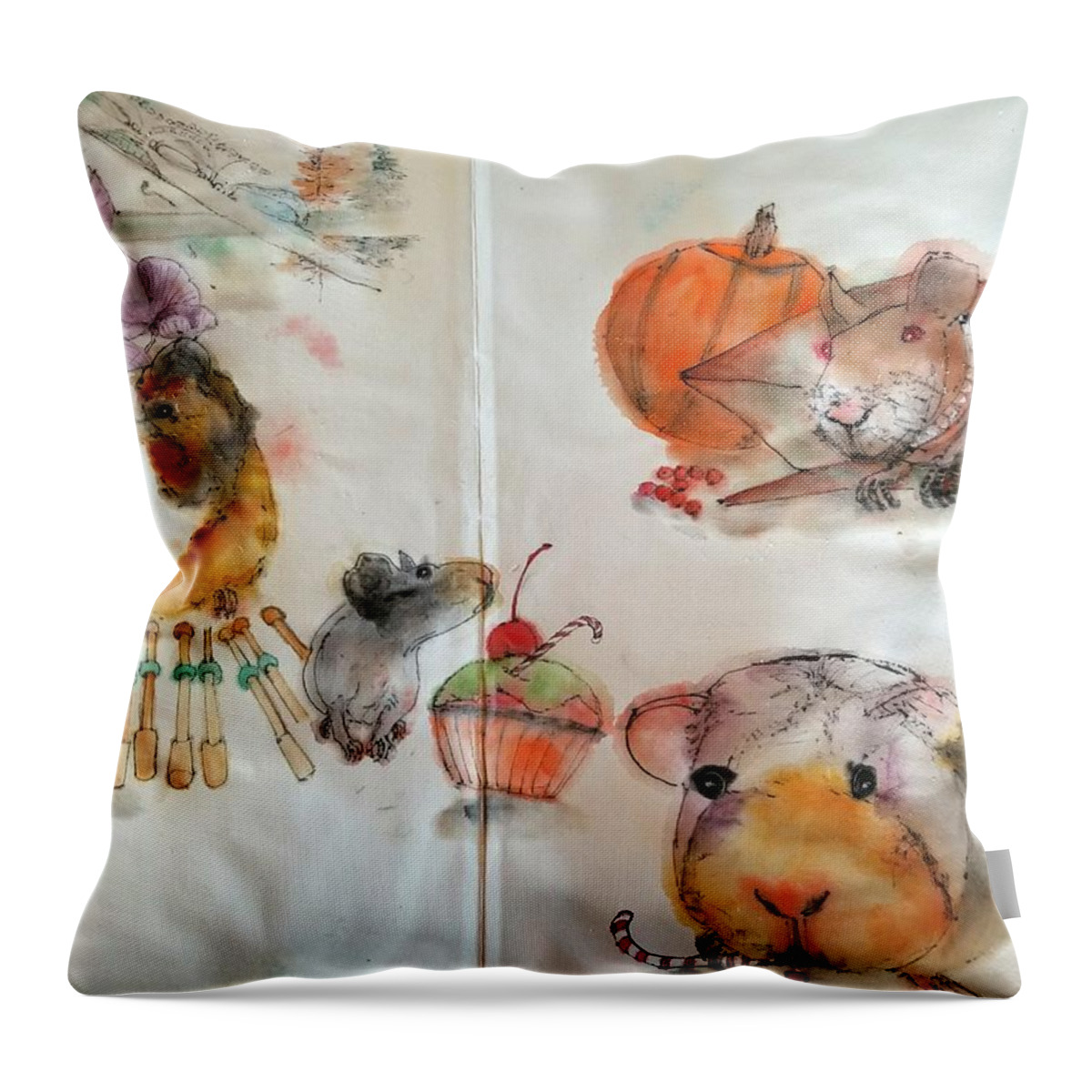 Guinea Pigs. Christmas Throw Pillow featuring the painting Guinea Pigs And Naked Cats Album by Debbi Saccomanno Chan